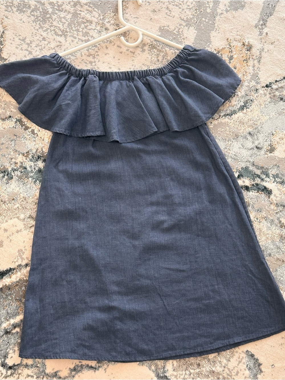 Sale!!! Madewell Women Linen Blend Navy Off-Shoulder Ruffle Dress
